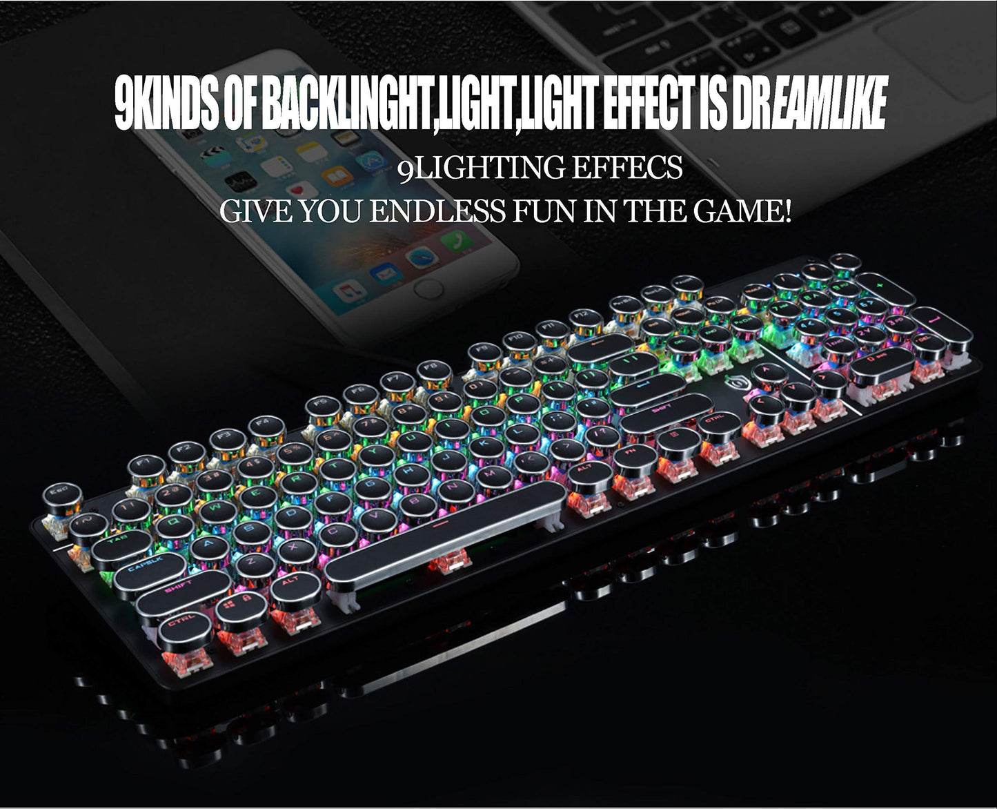 YSCP Typewriter Style Mechanical Gaming Keyboard LED Backlit Wired with Blue Switch Retro Round Keycap 104 Keys Keyboard (Black 104 Keys LED)
