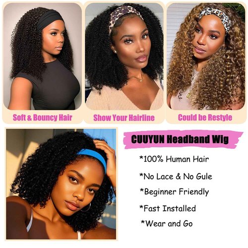 CUUYUN Kinky Curly Headband Wig Human Hair 22 Inch 4/27 Highlight Ombre Human Hair Headband Wig for Black Women Culry None Lace Front Wigs Glueless Human Hair Wigs