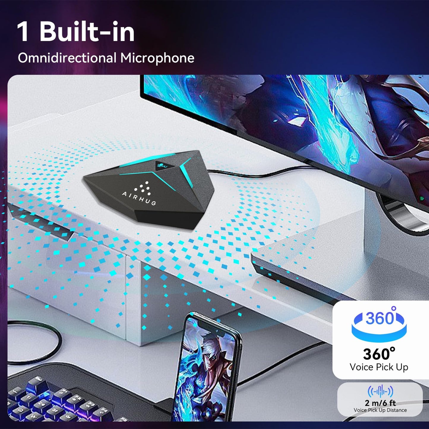 AIRHUG USB Gaming Microphone, One-Touch Mute Button with LED Indicator, AI Noise Reduction, Condenser Microphone for PC, Plug & Play Omnidirectional for Streaming, Twitch, Discord, Mac, Laptop