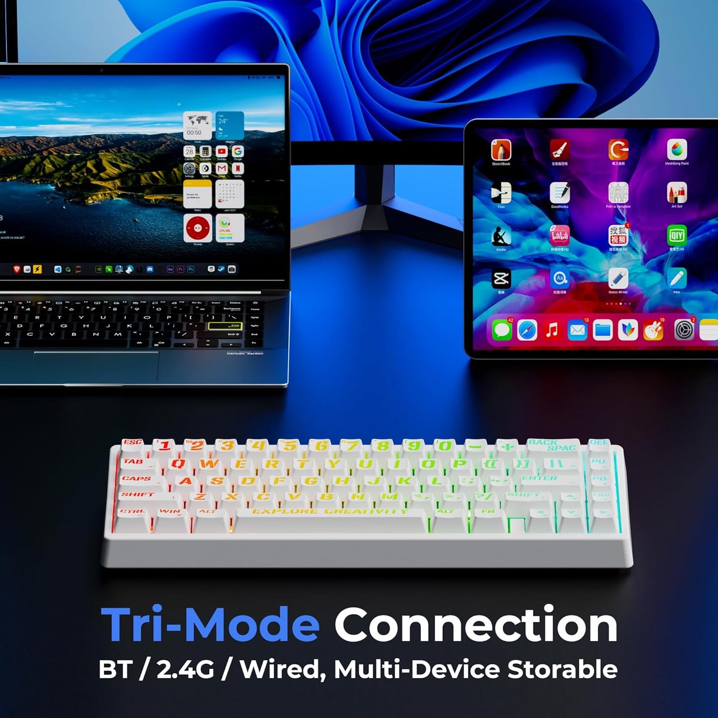 XVX M67 Wireless 60% Percent Keyboard, QMK/VIA Topographic Gaming Keyboard, Tri-Mode Thocky Creamy Mechanical Key Board, Hot Swappable Gasket Mount RGB IMD Tech for Win/Mac, Miami Theme, White