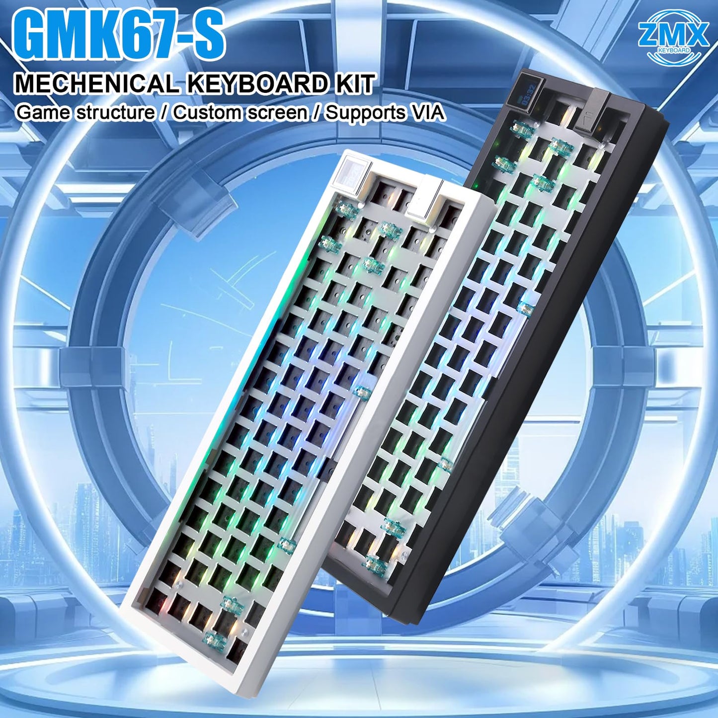 ZMX GMK67S Keyboard Barebones Kit,65% Gasket Mount Hot Swap PCB Tri-Mode BT5.0/2.4G/Type-C Wireless Mechanical Keyboard with TFT-LCD Screen VIA Programmable Custom RGB Gaming Keybaord DIY Kit (Black)