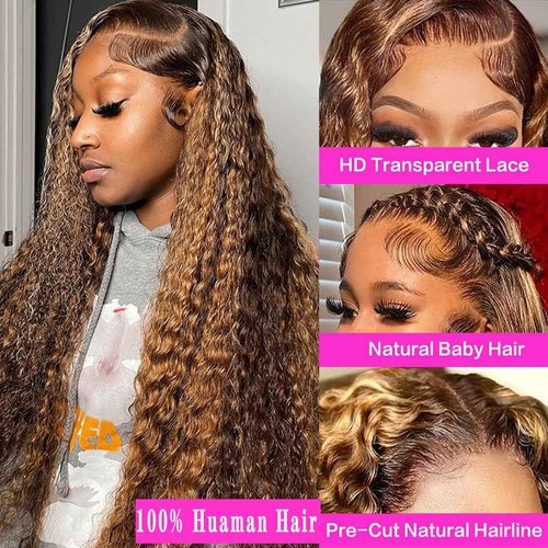 PXTPXT 30 Inch Honey Blonde Highlight Ombre Lace Front Wig Human Hair 200% Density 13x6 HD Deep Wave Curly Wig Pre Plucked with Baby Hair