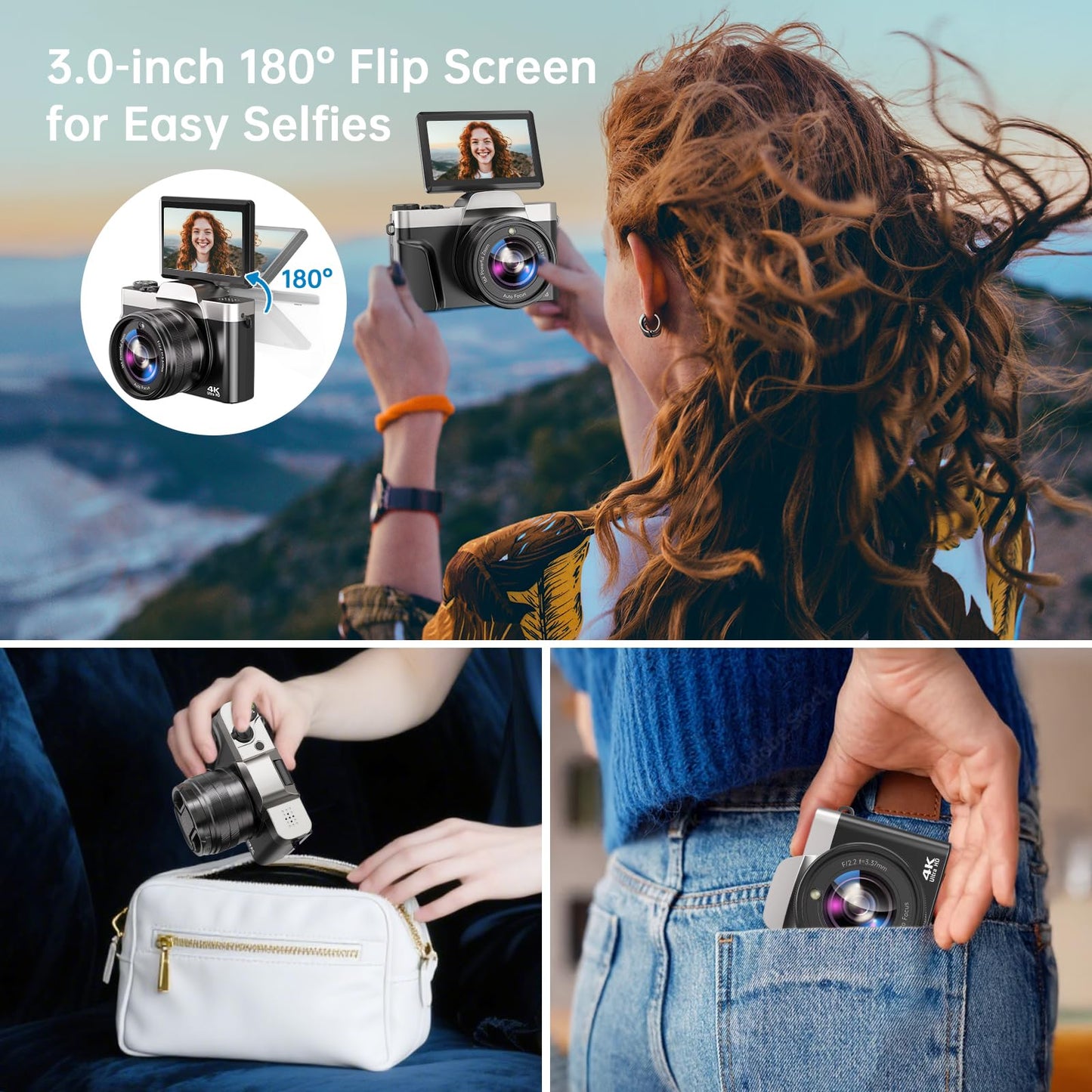 4K Digital Camera for Photography with WiFi, 2025 Latest Auto-Focus Vlogging Camera for YouTube Video 3'' 180° Flip Screen Travel Cameras 16X Zoom Anti-Shake 4K Cameras with SD Card, 2 Batteries