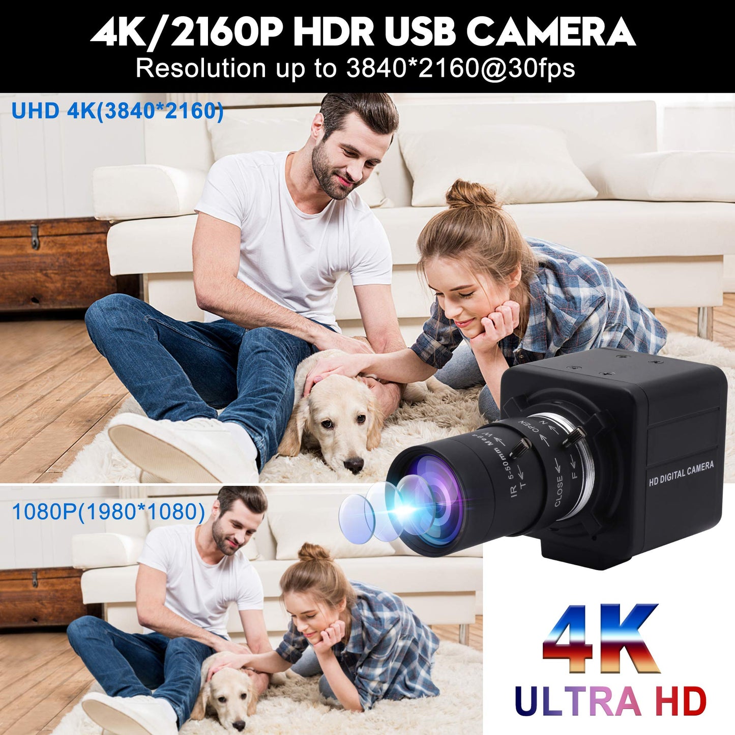 ALPCAM USB Camera 4K Ultra HD Webcam with 5-50mm Varifocal Lens USB Camera High Resolution 3840P Optical Web Camera,Manual Zoom Conference Webcam Support OPENCV on Mac/Window/Linux