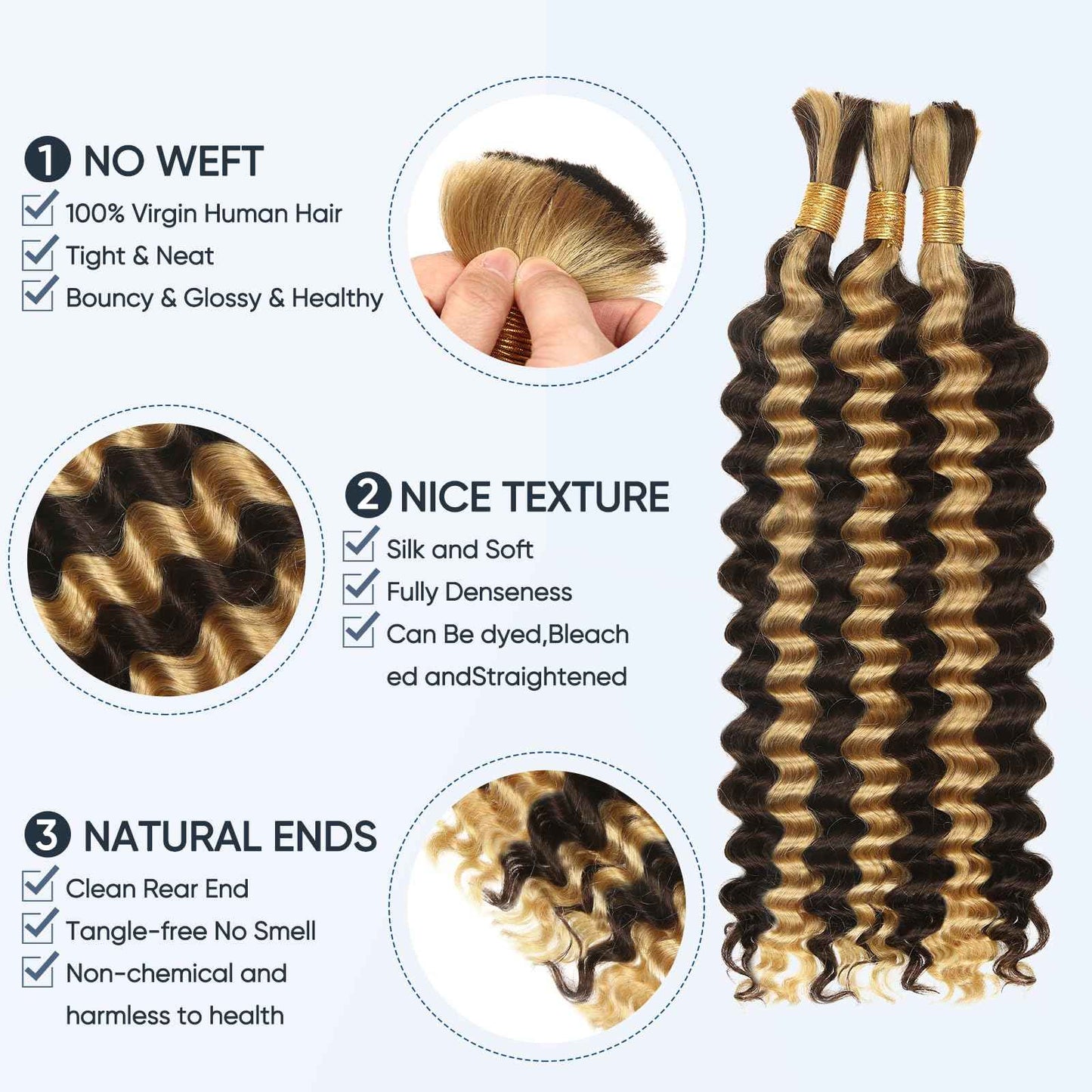 Human Braiding Hair for Boho Braids,150g 20 inch 3 Bundles Highlight Deep Water Wave Bulk Boho Curly Human Hair Bundle for Braiding,4/27 Honey Blonde No Weft Wet and Wavy braiding Hair Extensions