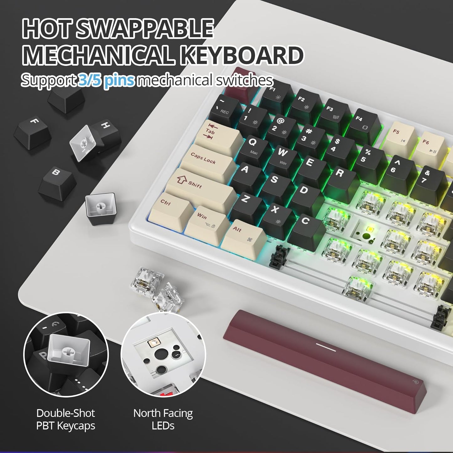 75% Mechanical Gaming Keyboard with Volumn Knob, Gasket Hot Swappable RGB, Wired, Red Switch, 82 Keys Compact Creamy (Black Grey)