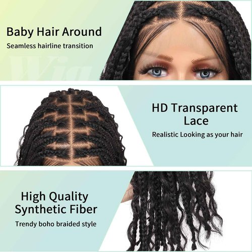 Fecihor 18" 13x8 Inch HD Lace Front Boho Box Braided Wigs Short Knotless Braid Wig for Women Full Braided Lace Front Wig With Baby Hair Balck Natural Color