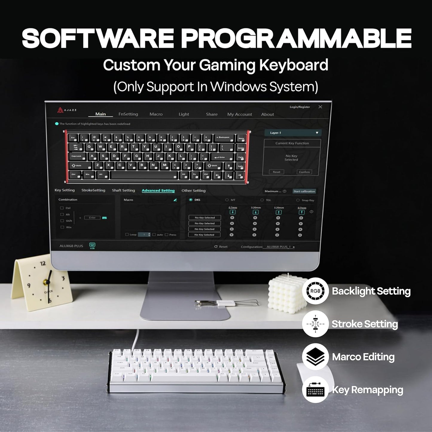 AJAZZ ALUX68 HE Aluminum Rapid Trigger Gaming Keyboard with Magnetic Switch, Wired Hall Effect Keyboard with 8K Polling Rate, 0.125ms Latency, RGB Backlight (White Topographic, ALUX68 MAX)
