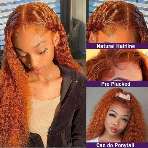 Ginger Lace Front Wigs 26 Inch 13×4 Deep Wave Wigs 360 Lace Front Wigs for Black Women 180 Density Curly Glueless Colored Wigs with Baby Hair