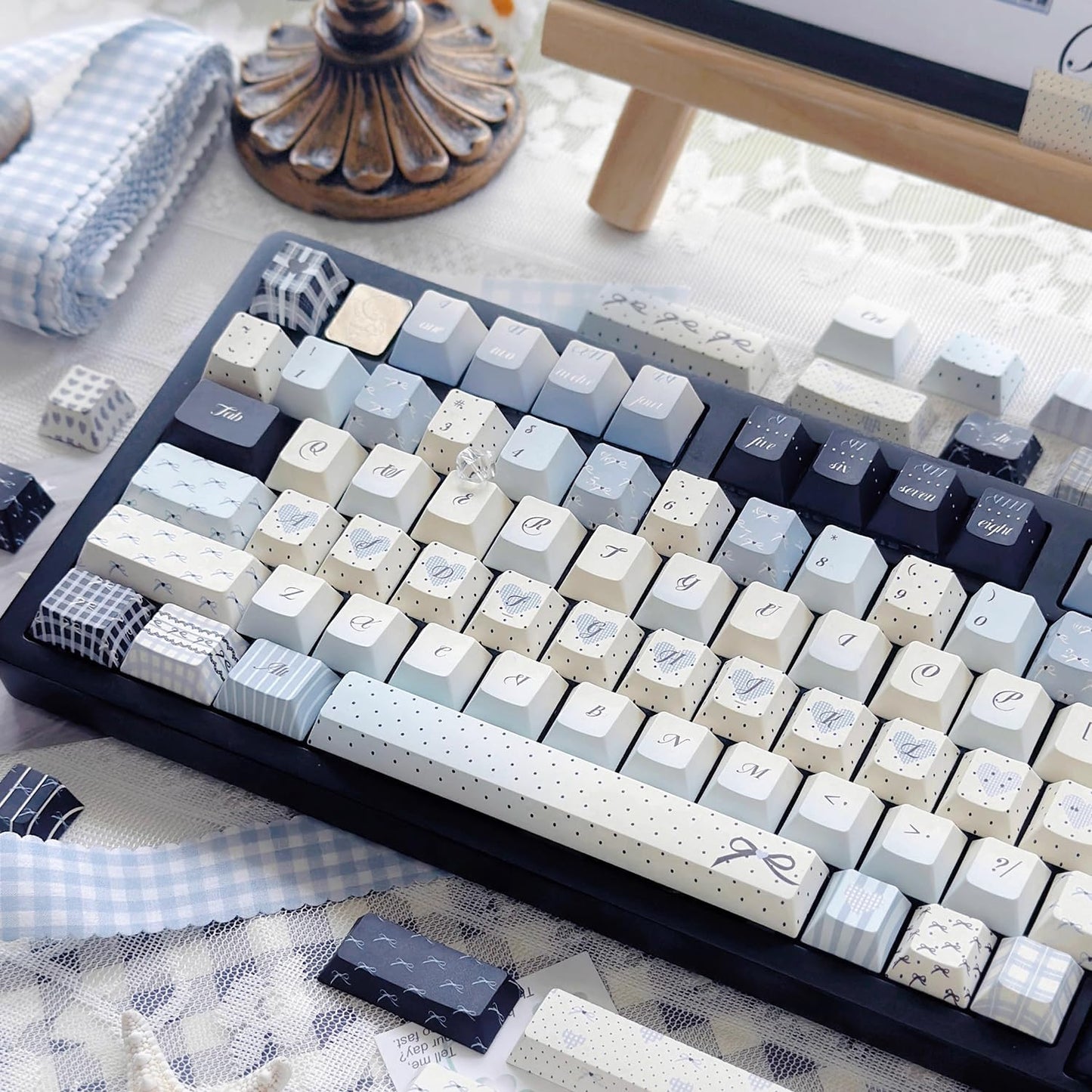145 Keys PBT Keycap Cherry Profile, Light Blue White Black Bow Aesthetic Dye Sublimation Gaming Custom Keycaps for ANSI/ISO Layout Mechanical Keyboards
