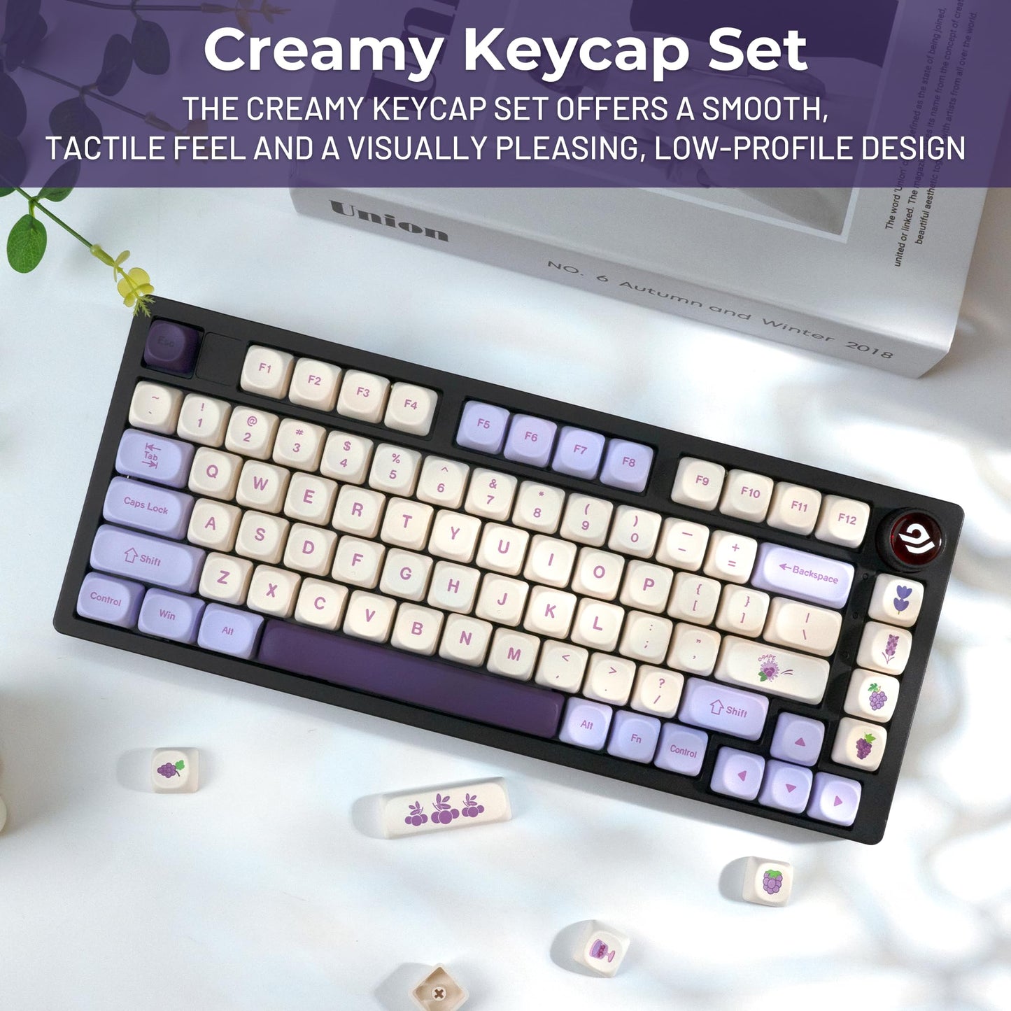 XVX MOA Profile Purple Grape Theme PBT Dye-Sub Keycaps, Custom Keycap Set for Mechanical Keyboards (Compatible with Cherry MX Switches, Purple & White Design)