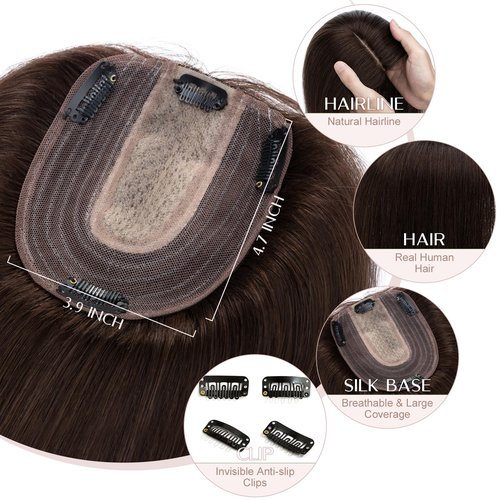 SEGO Pro Hair Toppers for Women Real Human Hair with No Bangs Upgrade Lace Base 3.9 * 4.7 Inch Clip In Topper Hairpieces for Women #02 Dark Brown 6 Inch