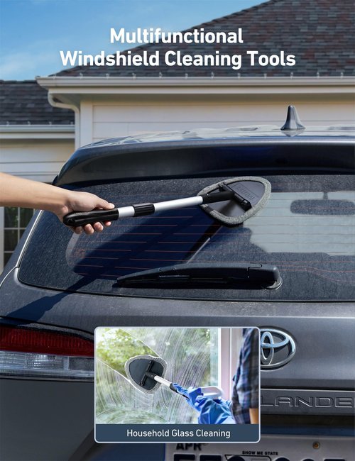 AstroAI Windshield Cleaner Tool, Car Interior Detailing Cleaning Kit with Extendable Handle and 4 Reusable Microfiber Pads, Auto Glass Wiper Brush Kit for Cars, Gray