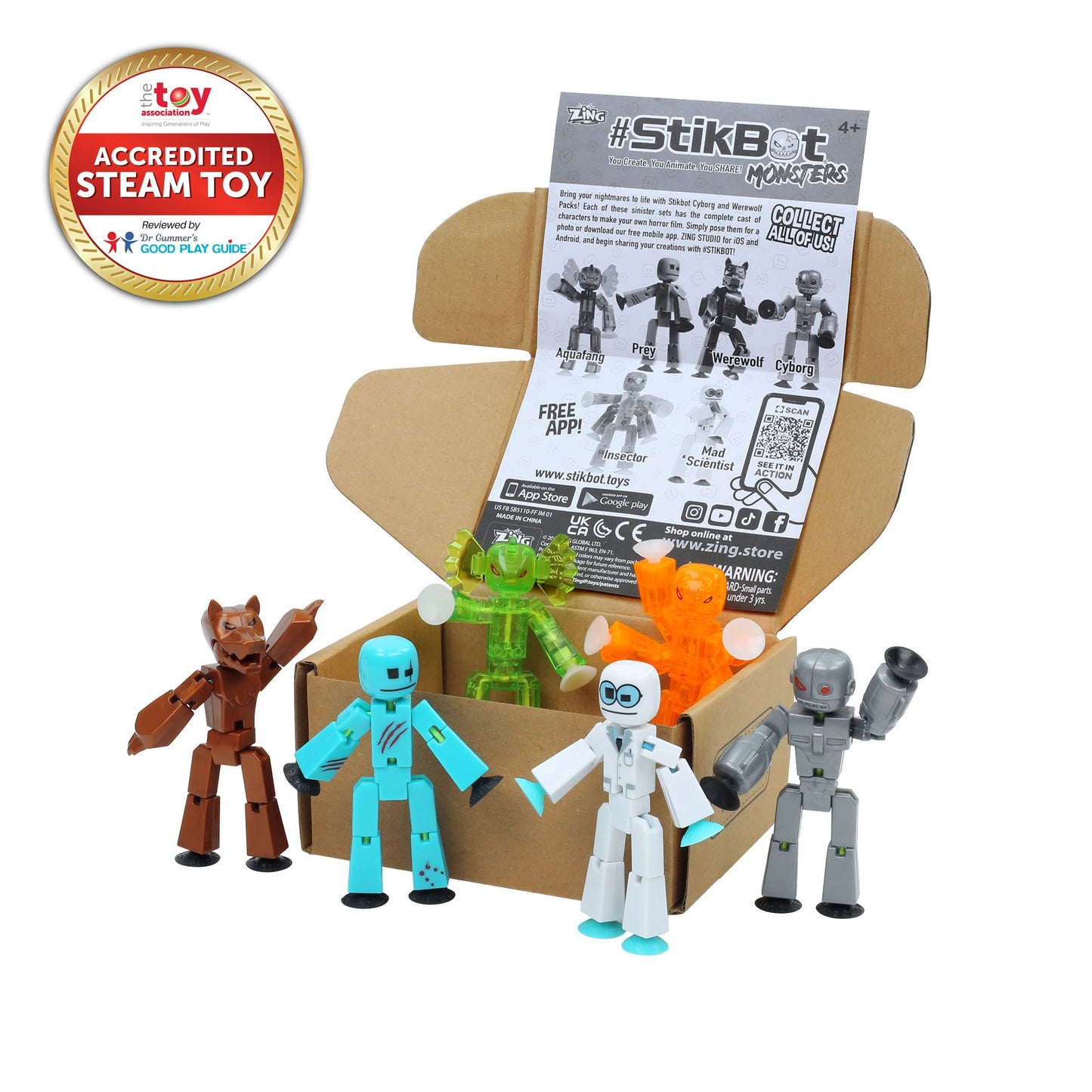 Zing Stikbot Monster Werewolf & Cyborg Pack, Set of 6 Stikbot Collectable Monster Action Figures, Stop Motion Animation, Great for Kids Ages 4 and Up