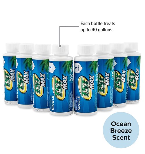 Camco TST MAX RV Toilet Treatment - Formaldehyde Free - Breaks Down Waste And Tissue - Septic Tank Safe - Treats up to 8-40 Gallon Holding Tanks -Ocean Breeze Scent, (8) 4 oz Bottles (41610)