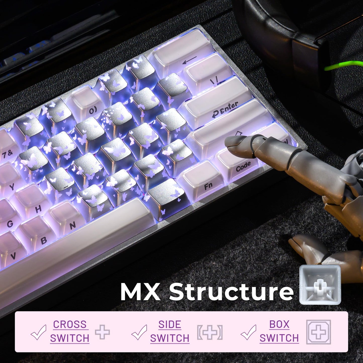 XVX Butterfly Shine Through Keycaps, Love Theme Cute Custom Keycaps, Blank OEM Profile IMD Translucent Keycap, Anime Style, for MX Switches Mechanical Keyboard, Silver(Only 21 Keys