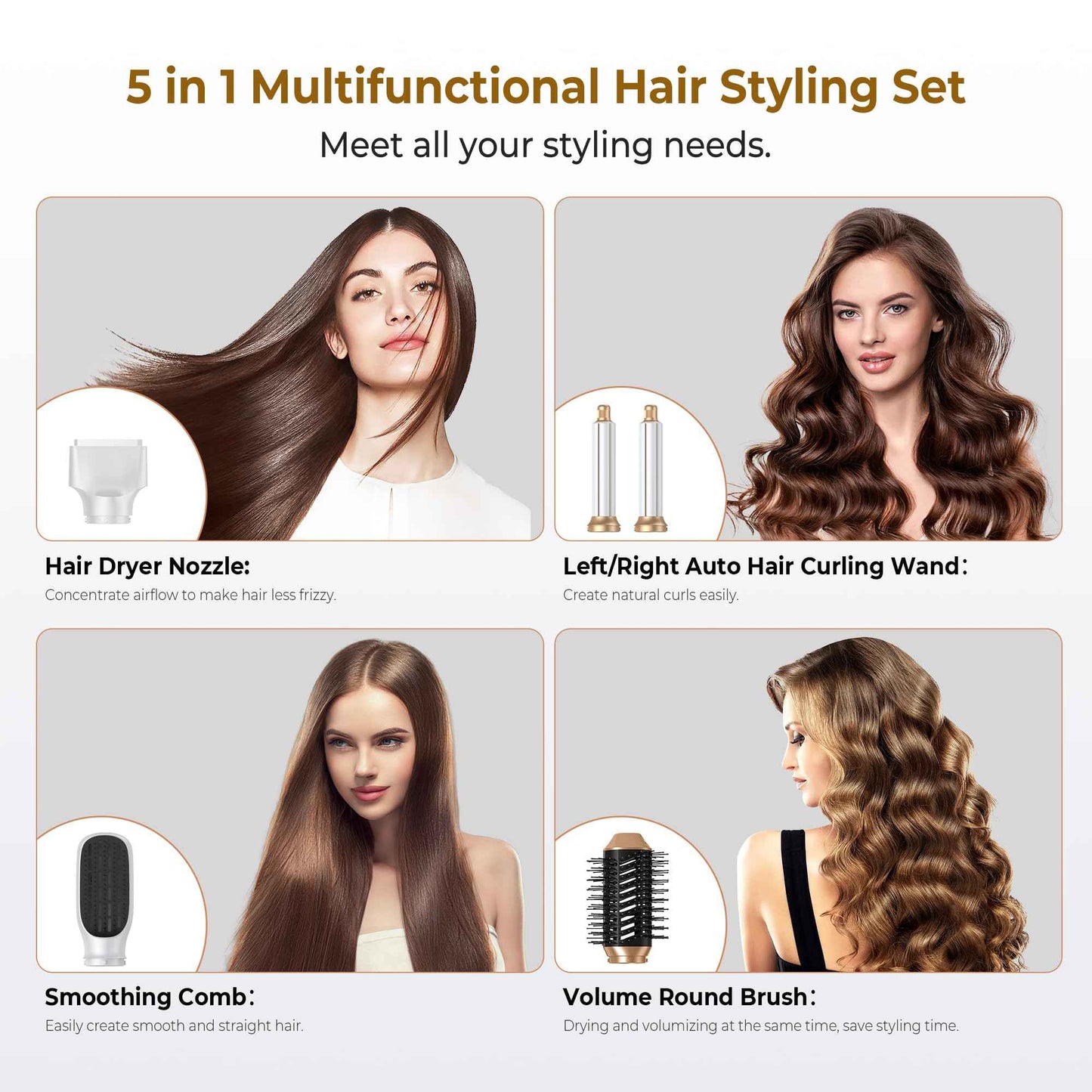 5 in 1 Blow Dryer Brush,Hair Dryer Brush with Detachable Air Styler,Negative Ionic Magic Hair Styler,Hot Air Brush for Women Volumizer,Straightener,Drying