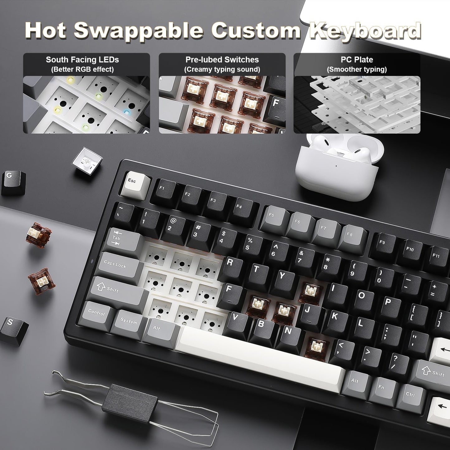 YUNZII IF99 Wireless Mechanical Gaming Keyboard with Smart LCD Display, QMK/VIA Programmable BT/2.4G/USB-C Gasket Mounted Hot Swap RGB 96% Layout for Mac/Win (Black, Cocoa Cream V2 Switch)