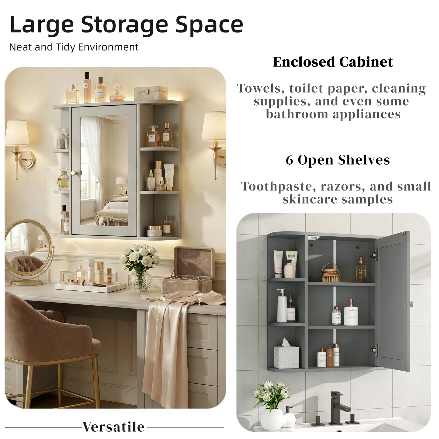 Bathroom Wall Storage Cabinet with Mirror & Adjustable Shelves - Gray