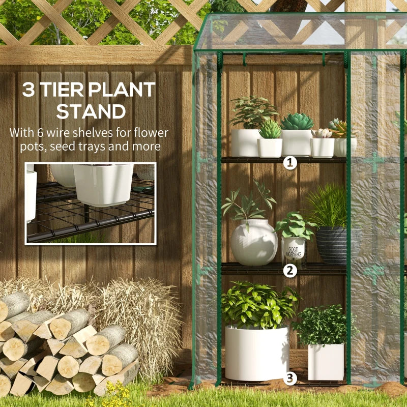 Portable Lean-To Greenhouse with 3 Tier Shelves and Zipper Doors - Clear
