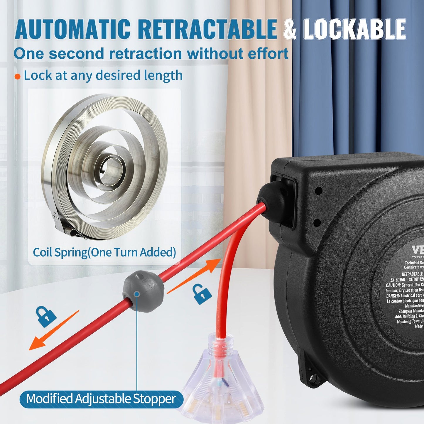 45FT Heavy Duty Retractable Extension Cord Reel with 3 Outlets, Water-Resistant Power Cord