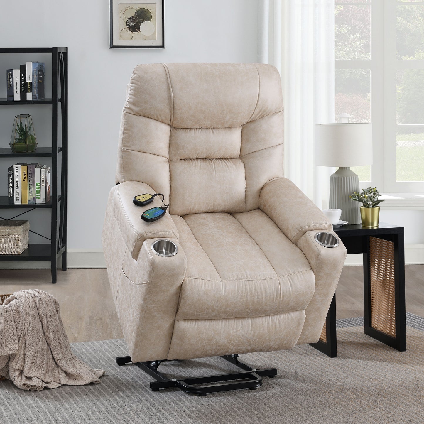 Ivory Leather Power Motion Recliner with Lift, Heating & Massage