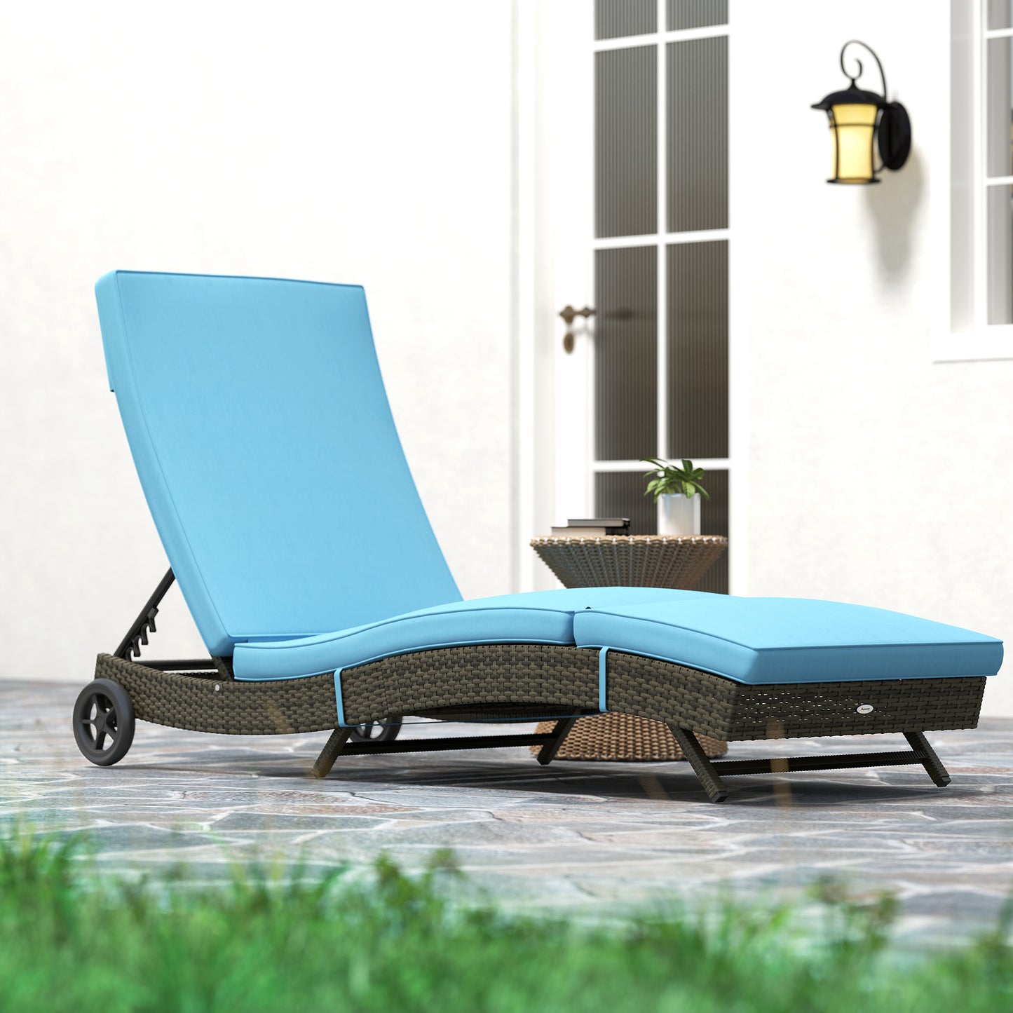 Outdoor Chaise Lounge Chair - Sky Blue PE Rattan with Wheels
