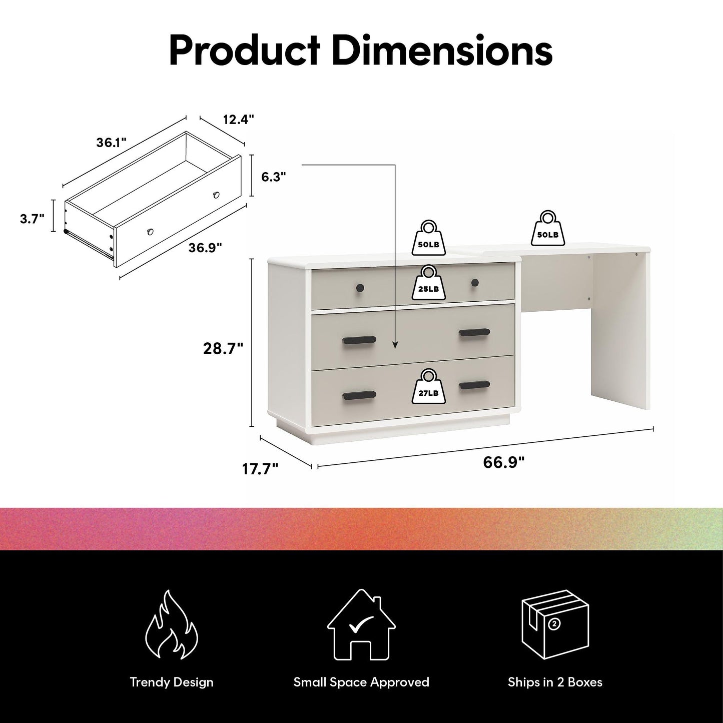 Valencia 3-Drawer Dresser and Desk Combo - Taupe