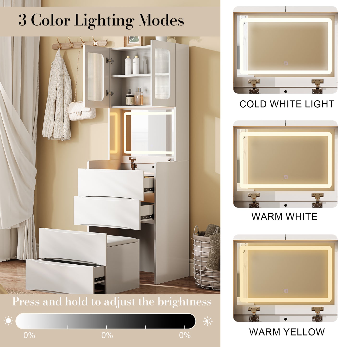3-in-1 Vanity Table With LED Mirror & Storage Stool, Flip Top Makeup