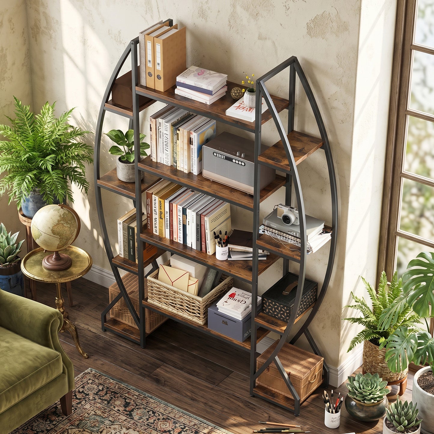 Industrial Oval Bookshelf - Vintage Metal & Wood Bookcase