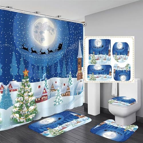 Christmas Shower Curtain Set with Non-slip Bath Mat and Toilet Lid Cover - Snowman Snowflake Decor
