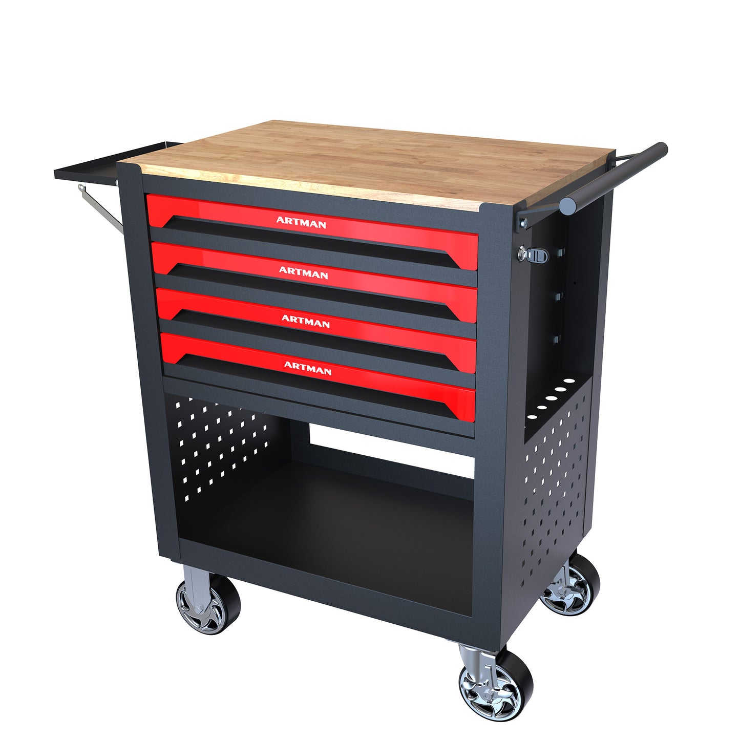 4-Drawer Multifunctional Tool Cart with Wheels and Wooden Top
