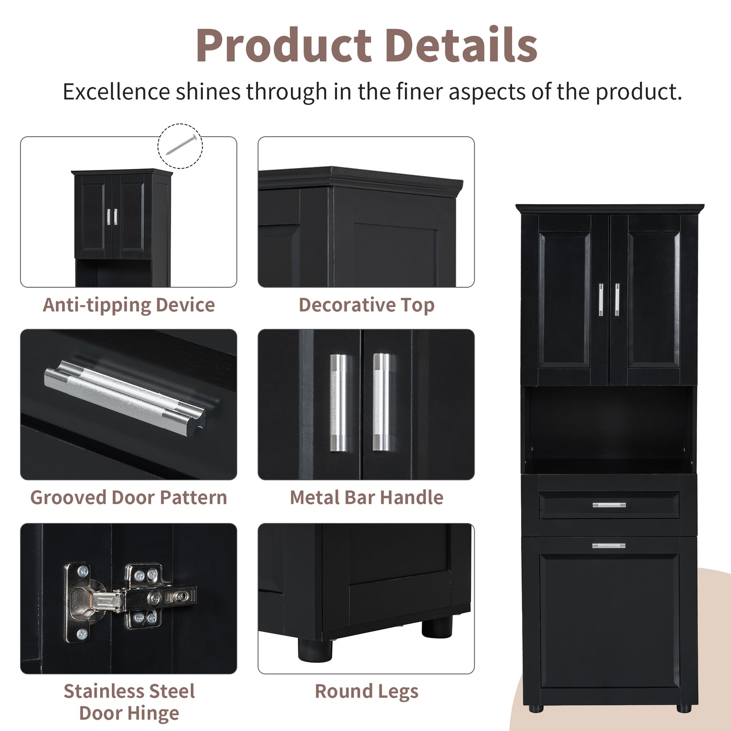 Tall Bathroom Cabinet with Laundry Basket - Black Storage Unit
