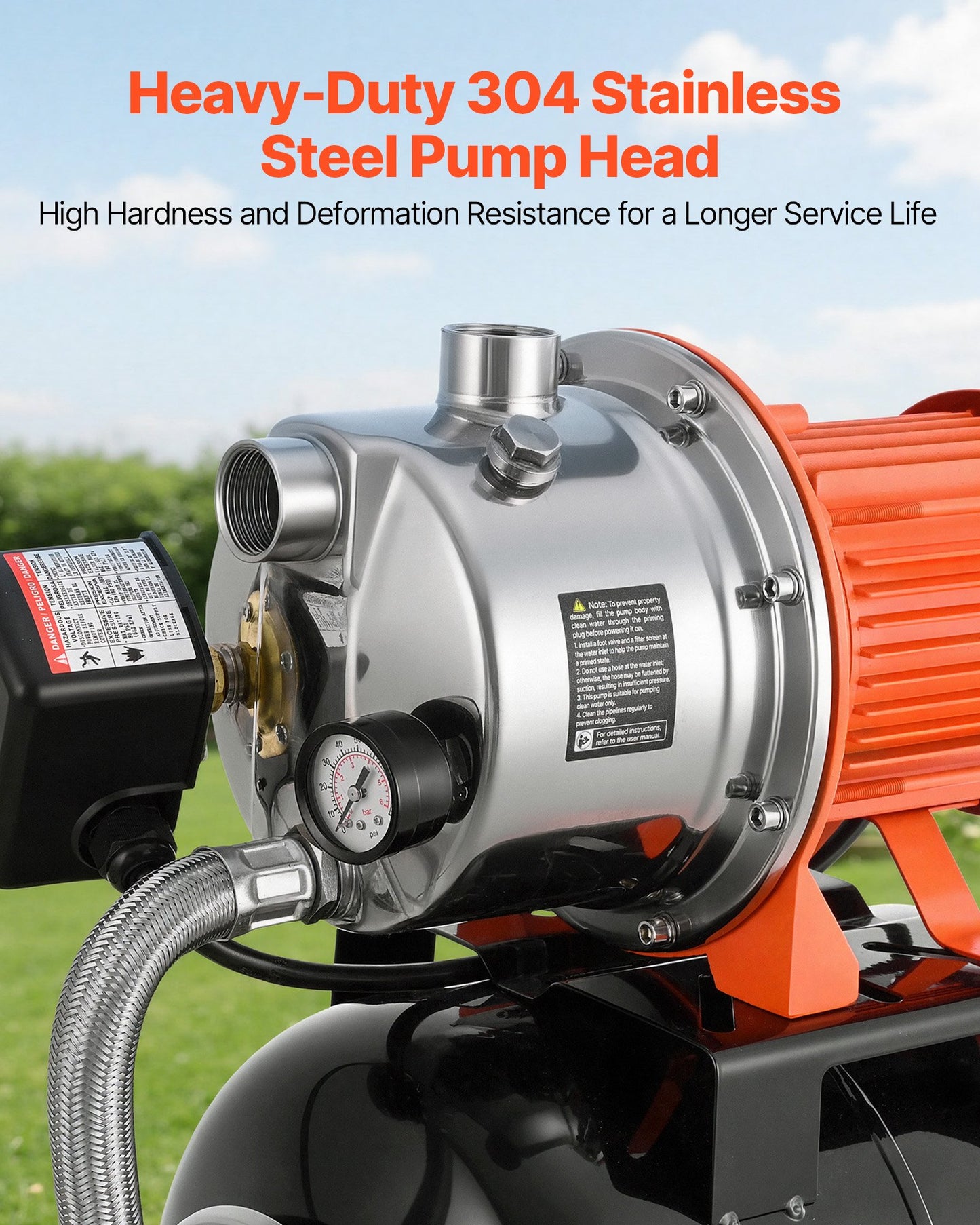Shallow Well Pump with Pressure Tank - 1.6 HP, Stainless Steel, 1320 GPH, 120V