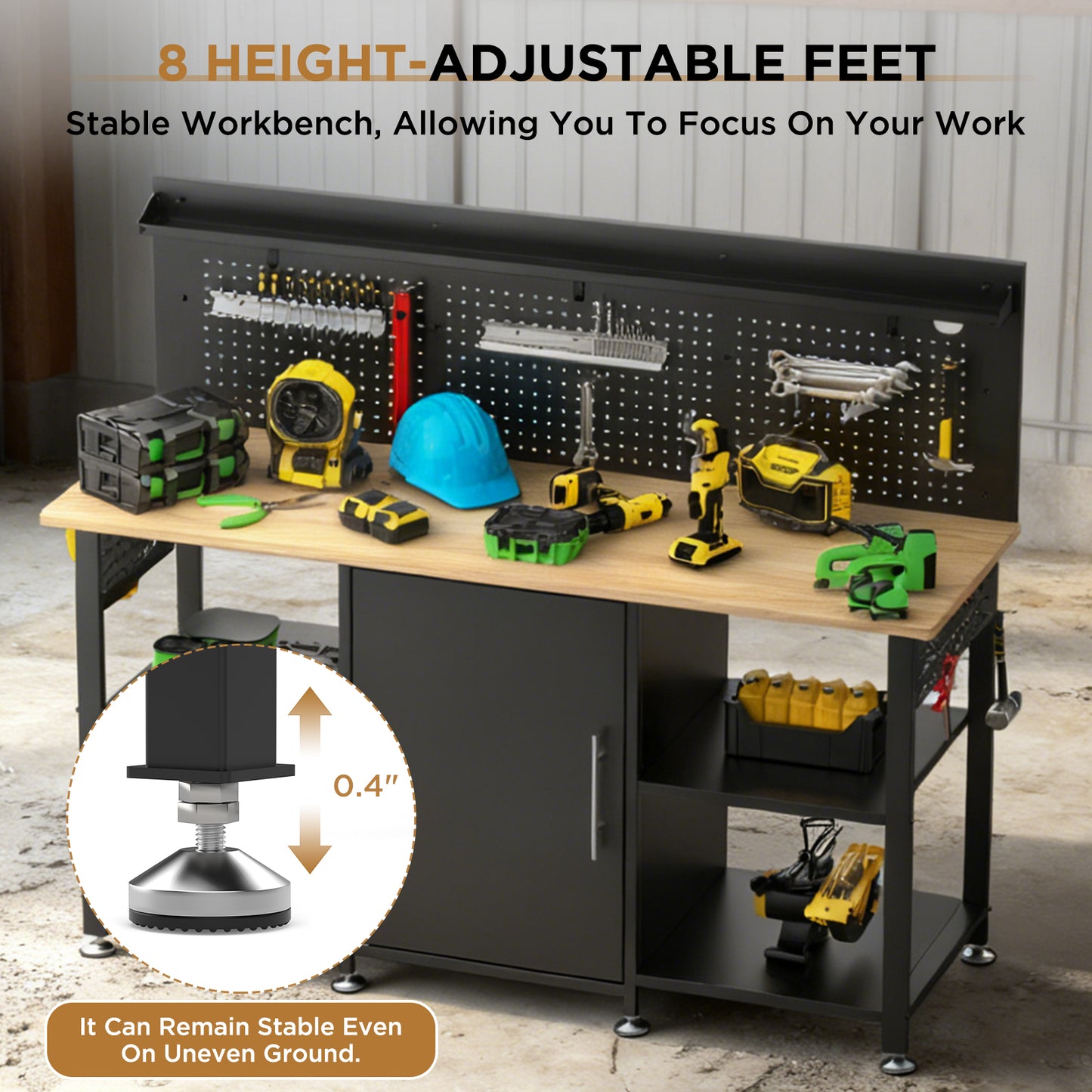 Heavy Duty Workbench with Storage Cabinet and Pegboard - 60 Inch Garage Table
