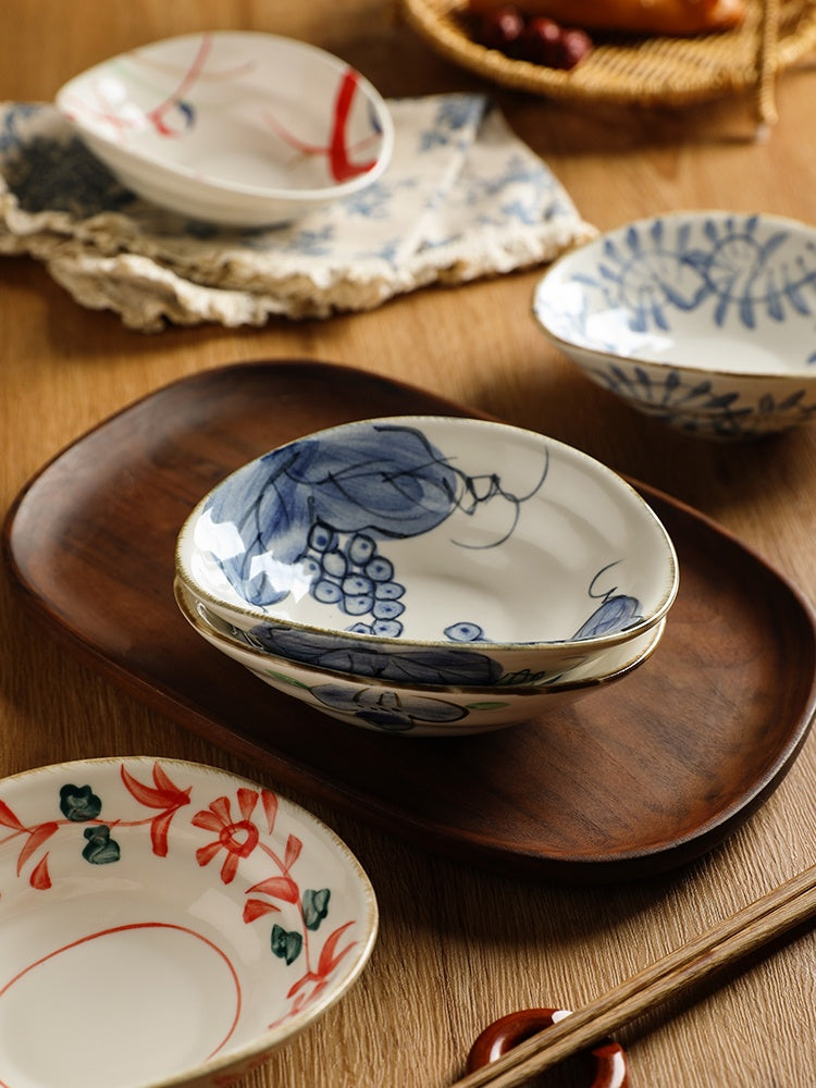 Retro Ceramic Dinner Plate Set with Hand-Painted Floral & Fruit Patterns
