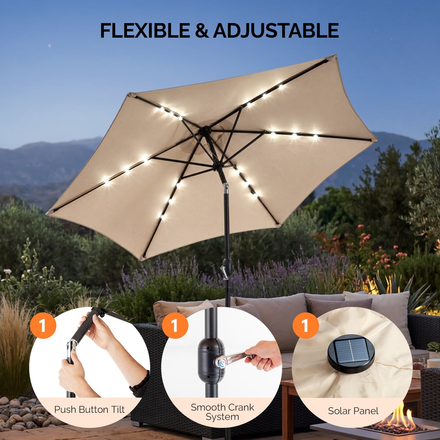 9ft Waterproof Solar LED Patio Umbrella with Tilt & Crank - Beige