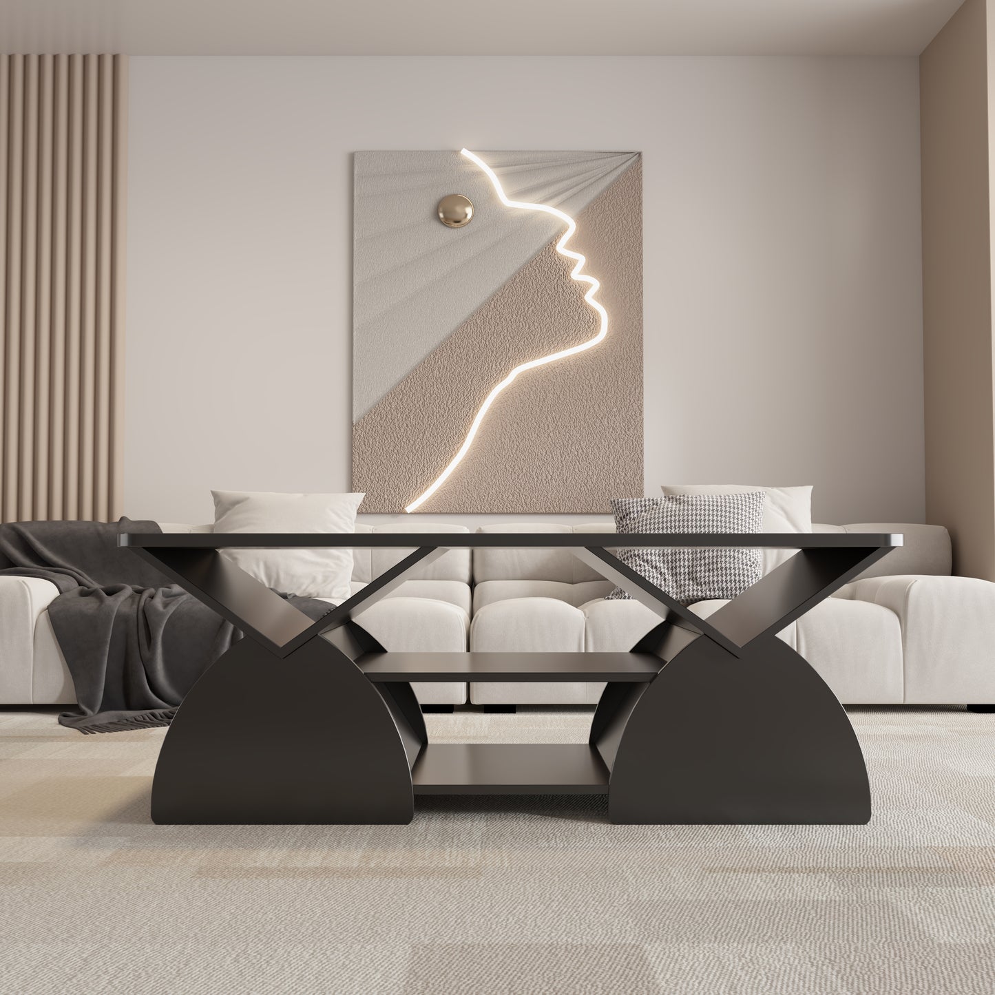 Engineered Wood Rounded Corner Rectangular Coffee Table For Living