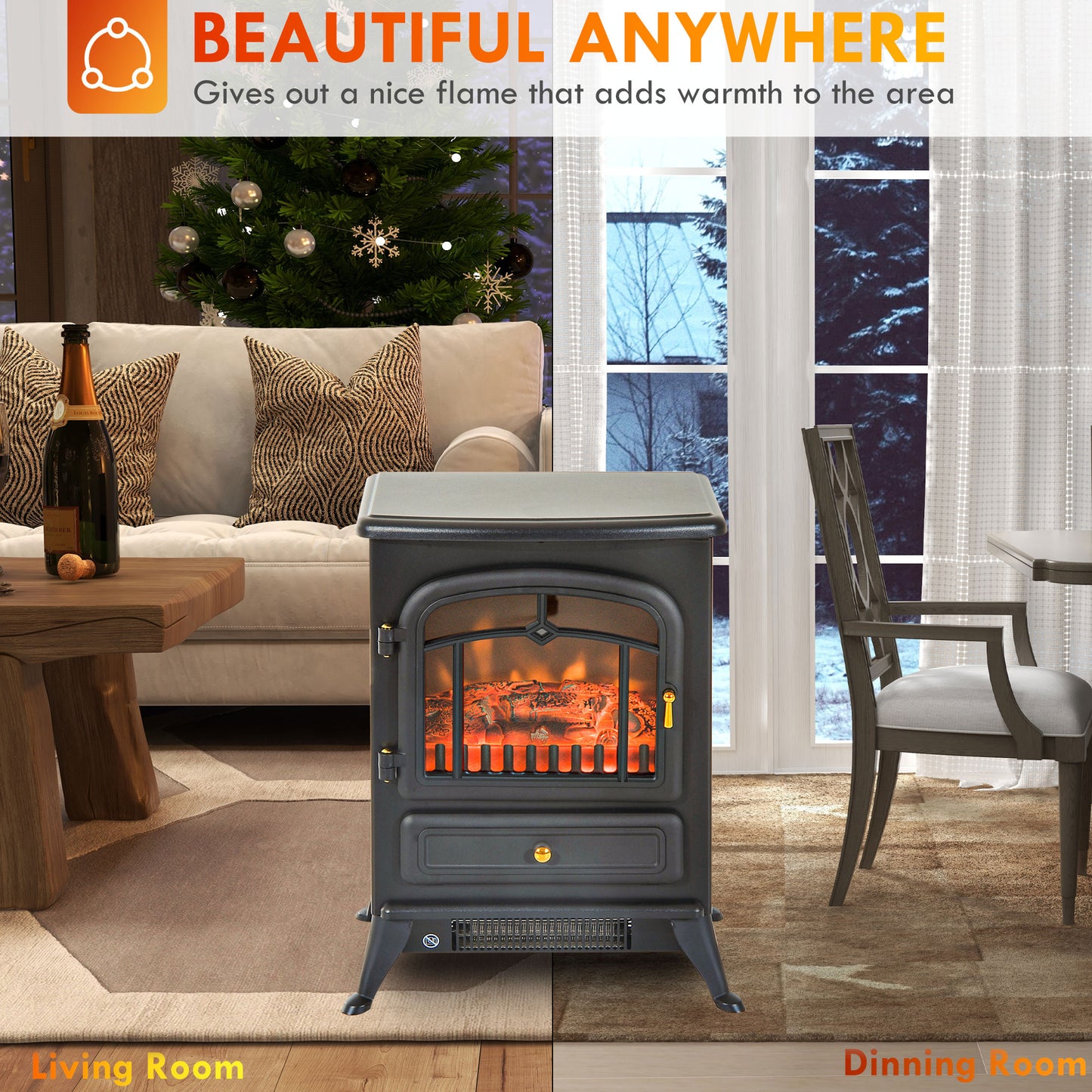 Electric Fireplace Heater with Realistic LED Flames 725W/1450W Black