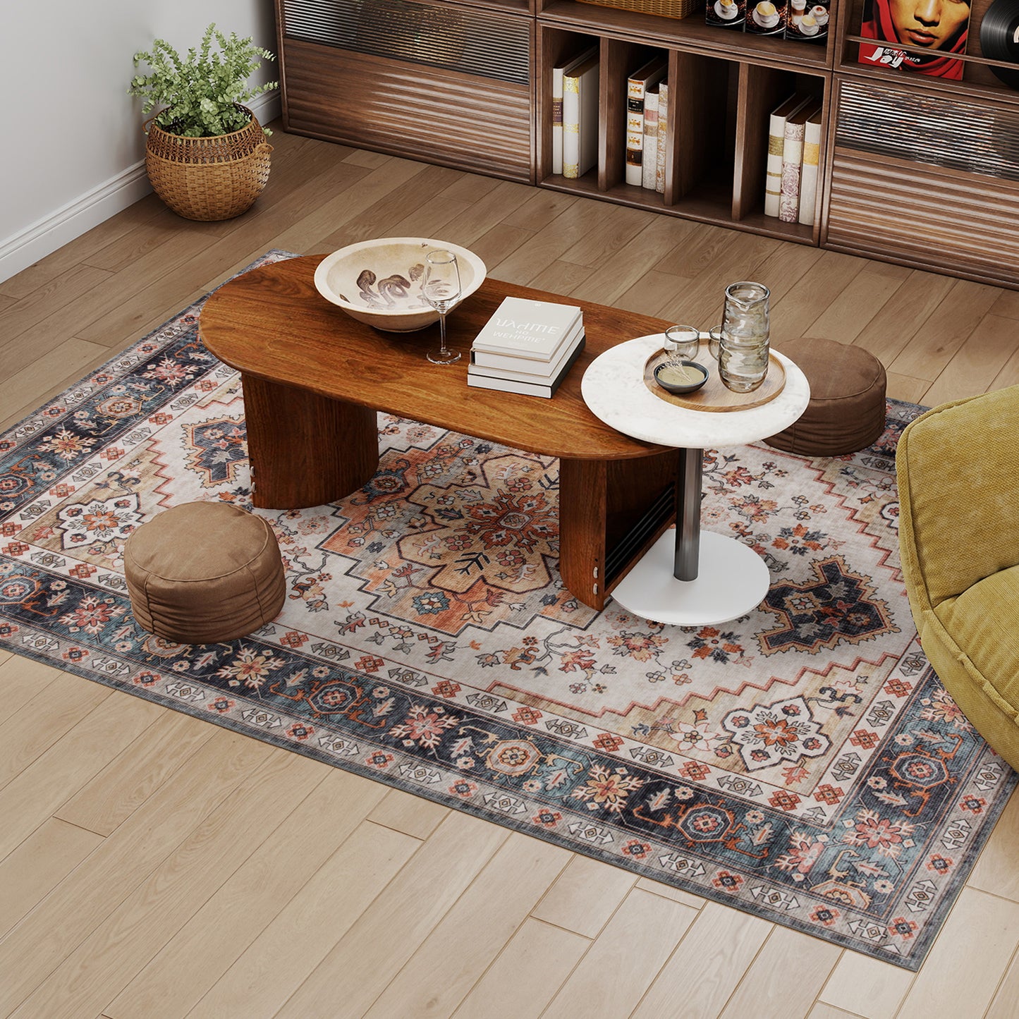 Boho Area Rug 5x7 - Machine Washable Non-Slip Medallion Design in Tawny Brown
