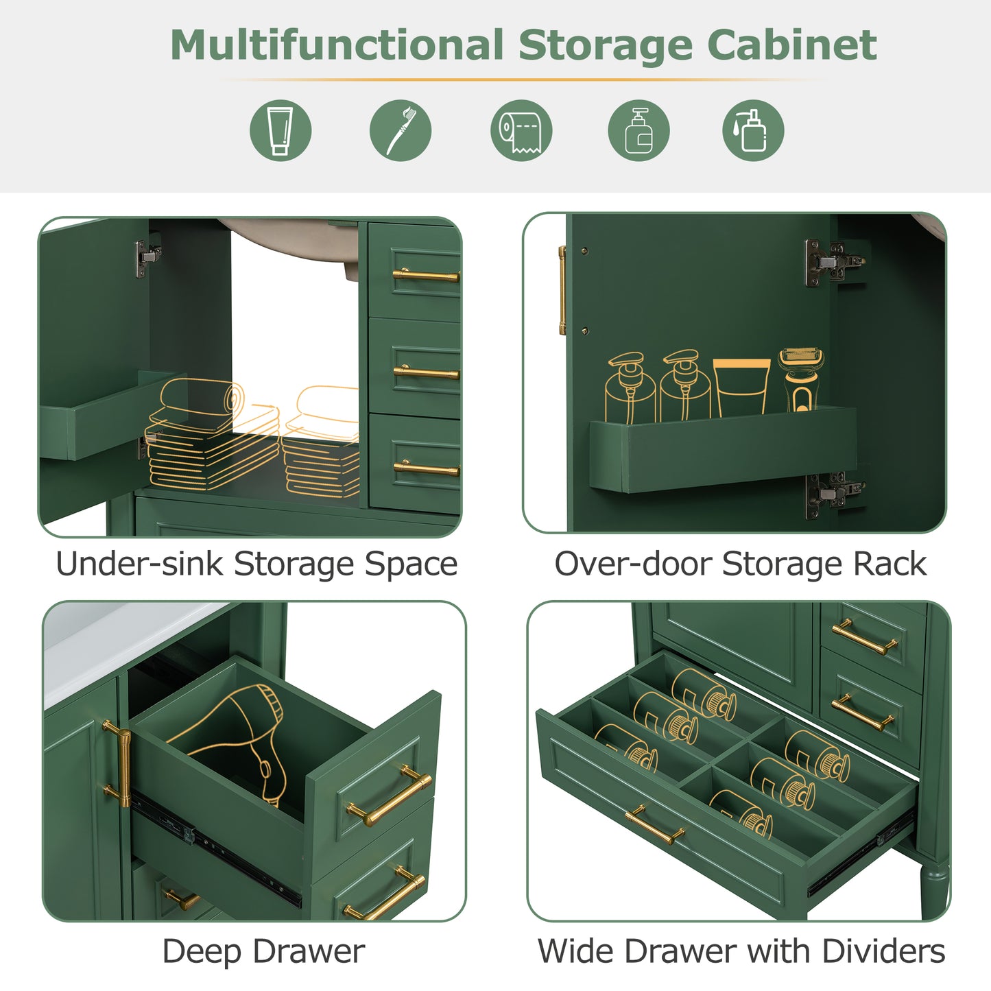 30" Green Bathroom Vanity Set with Soft Close Doors & Gold Handles