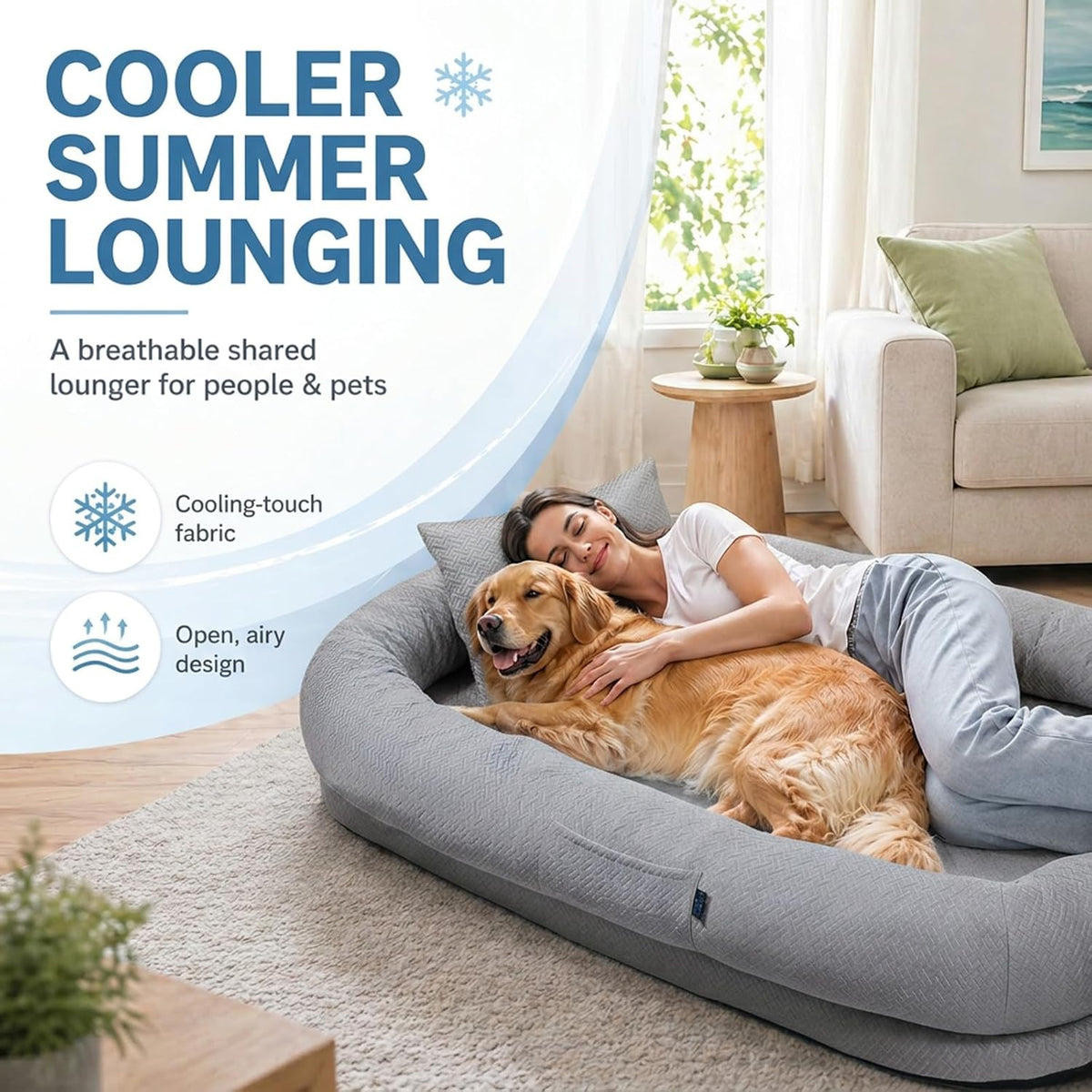 Cooling Dog Bed for Adults & Pets - Breathable Washable Lounger 72x41x12 Inches - Glacier Grey