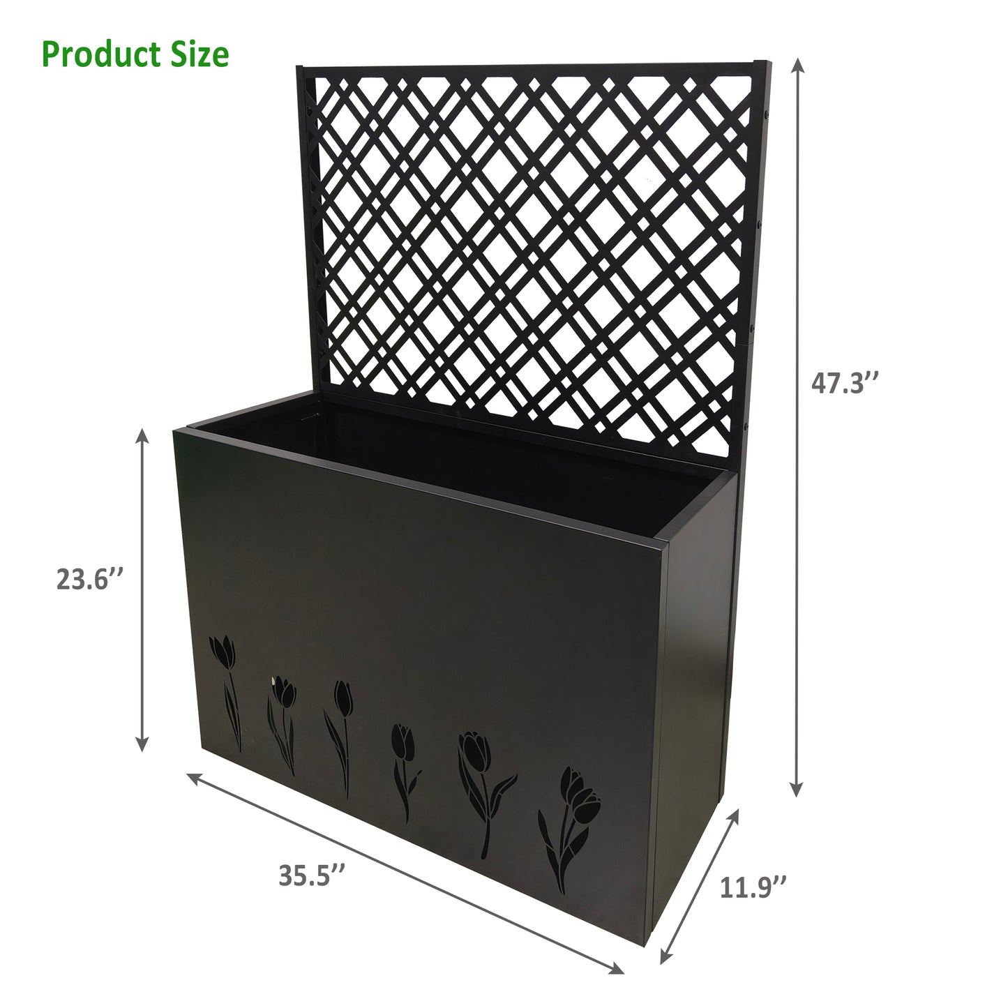 Tall Metal Planter with Trellis - 35.5in L x 11.9in W x 47.3in H - Black