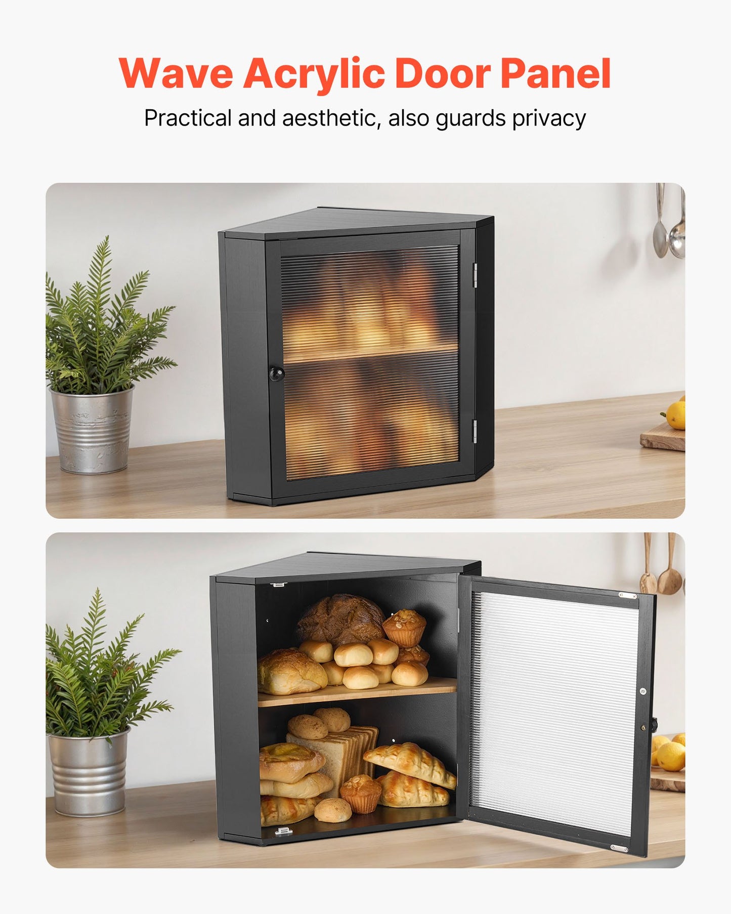 Double Layer Bamboo Corner Bread Box for Kitchen - Black