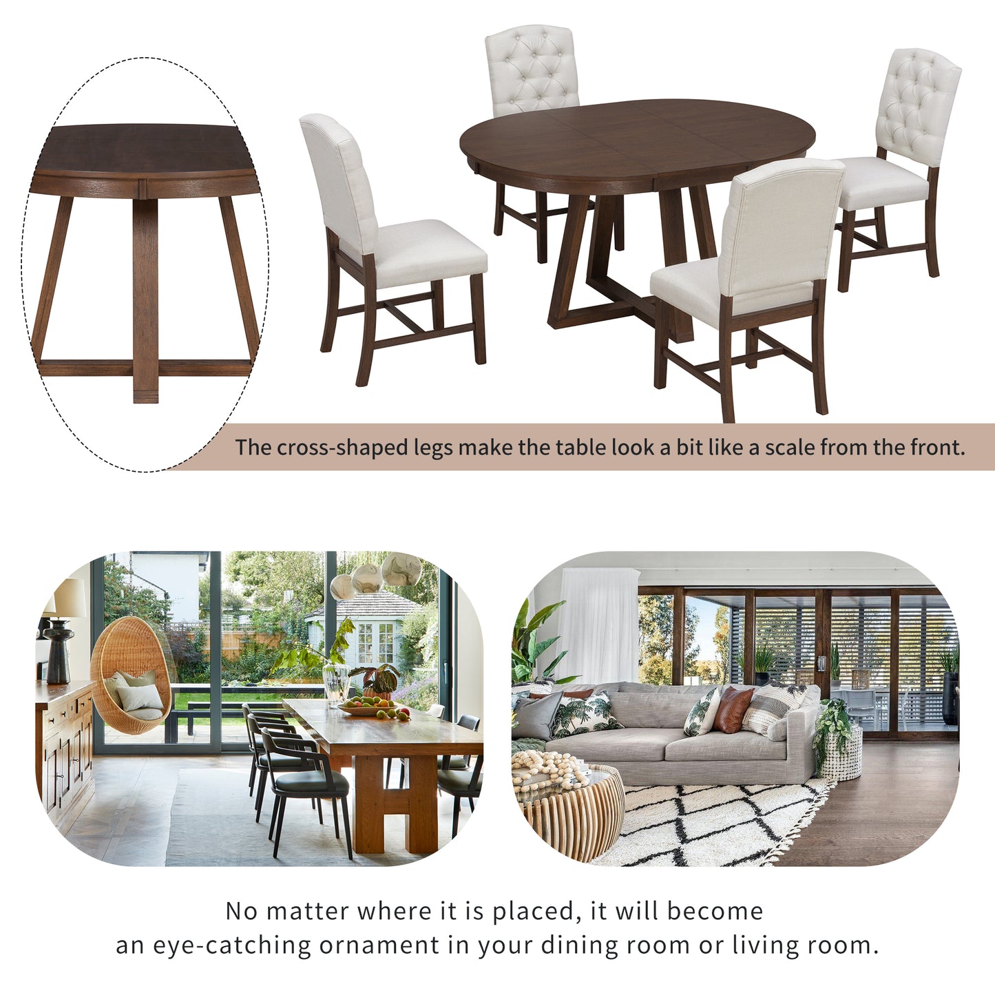 5-Piece Retro Dining Set with Round Table & 4 Upholstered Chairs - Walnut