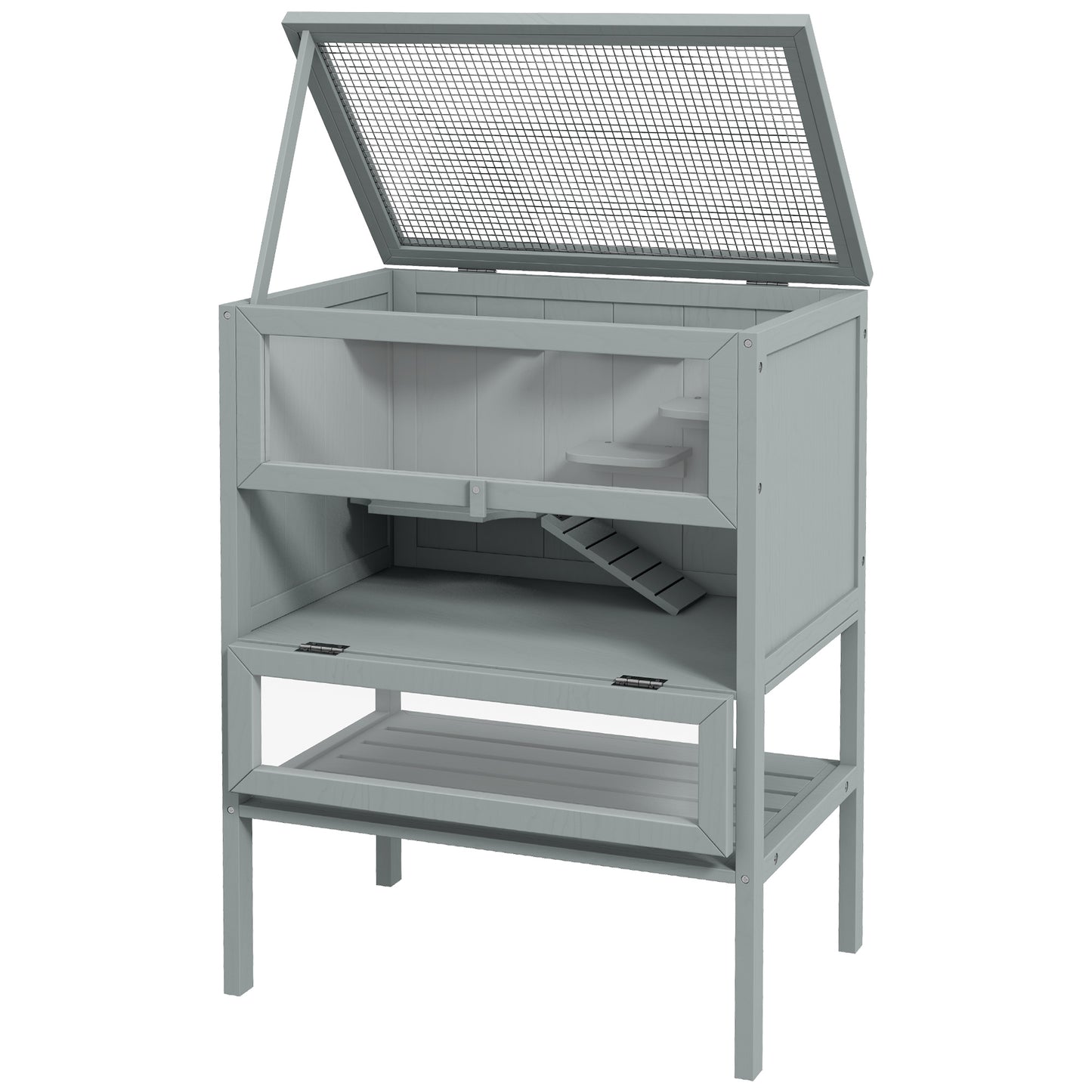 3-Tier Wooden Hamster Cage with Openable Top and Storage Shelf - Gray, 830x450x185mm
