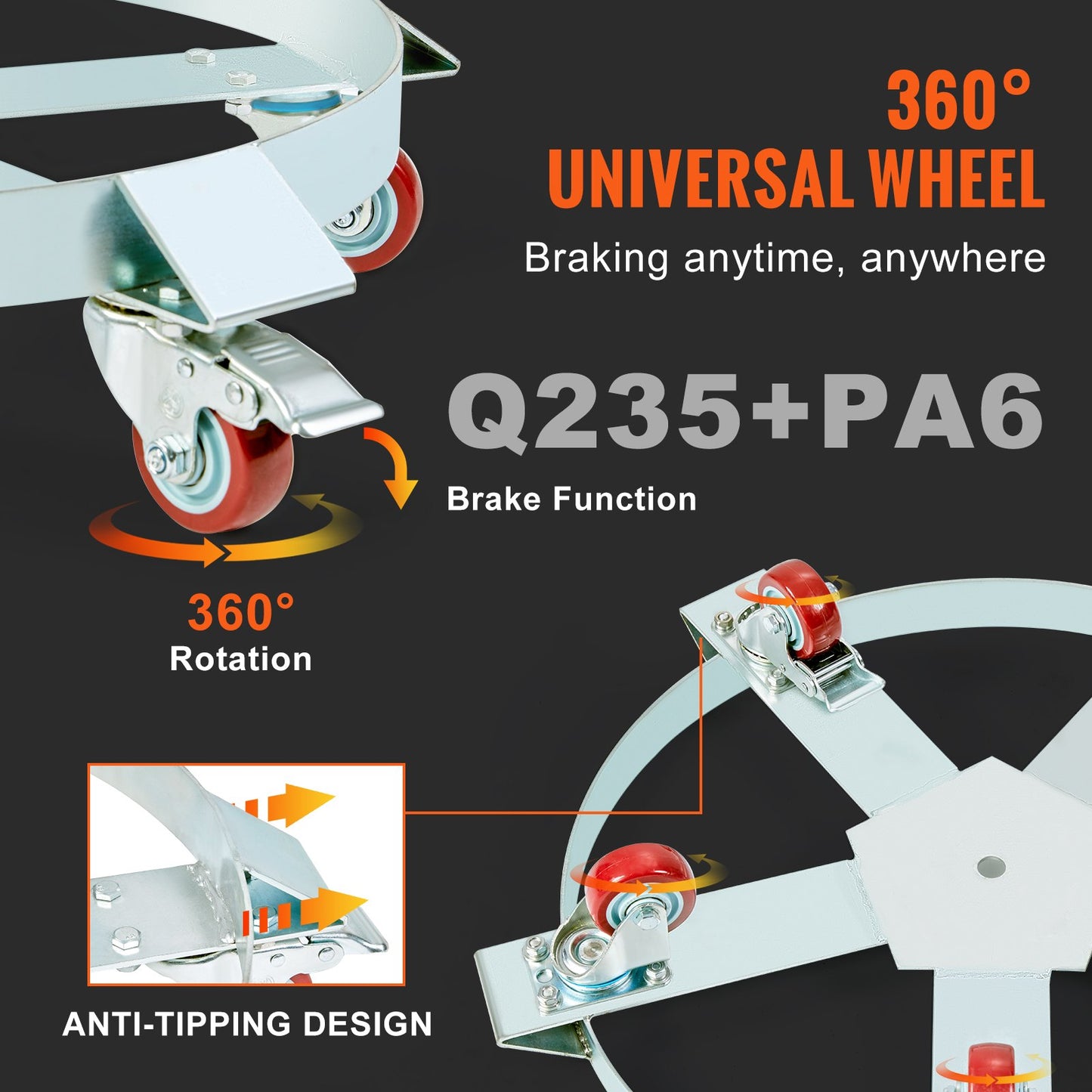 Heavy Duty 55 Gallon Drum Dolly Cart - 1250lbs Capacity, Steel Frame, Silver