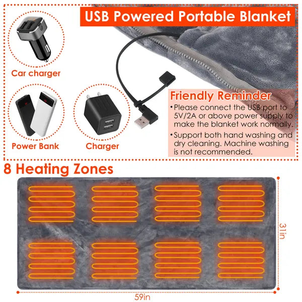 USB Heated Blanket Poncho - 59" x 31" Soft Flannel Wrap