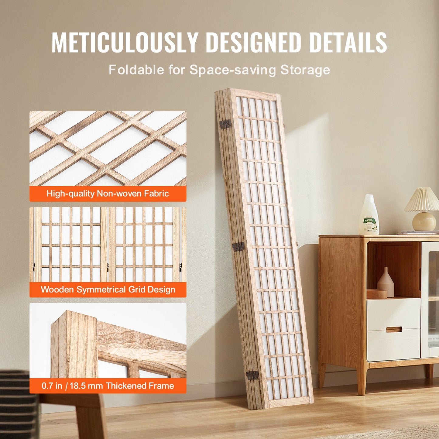 Japanese Wood Folding Room Divider - 6 Panel Privacy Screen