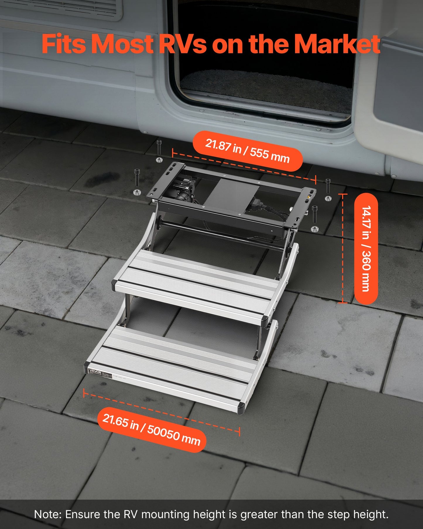 Electric RV Steps - 2-Step Aluminum Folding Camper Stair with Non-Slip Treads
